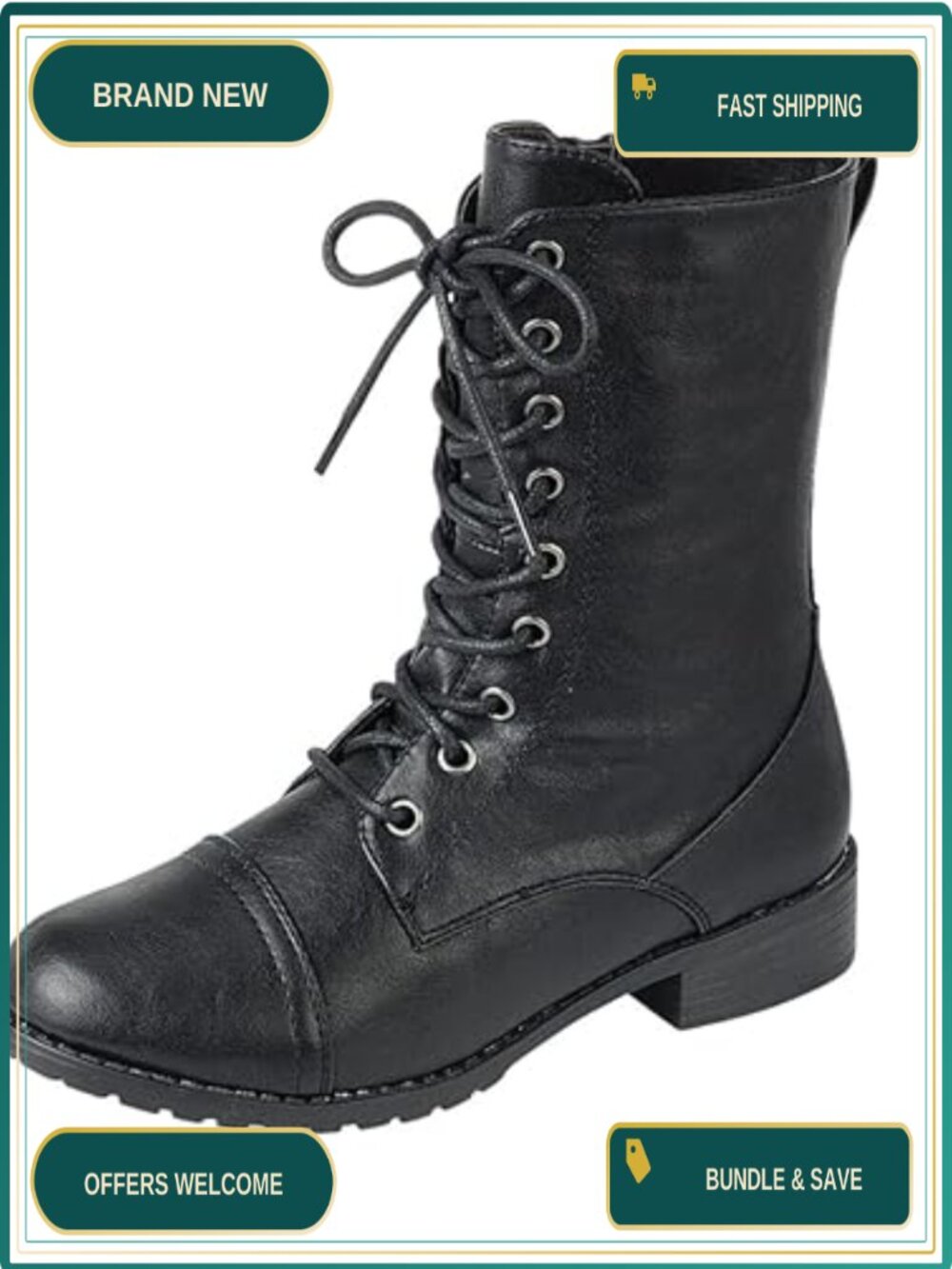 Women's Vegan PU Leather Ankle Cuff Combat Lace Up Boots